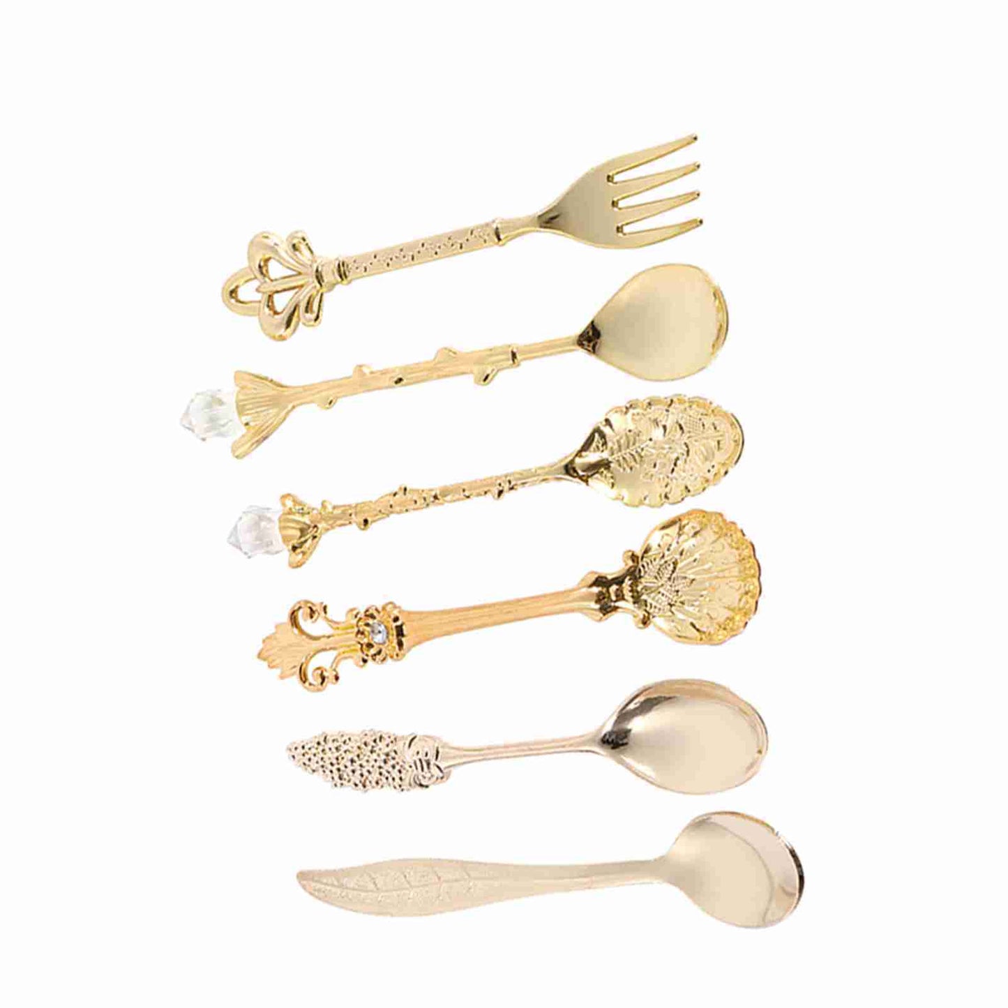 6Pcs/Set Retro Royal Style Metal Mini Coffee Spoons and Fork Kitchen Fruit Accessories Golden