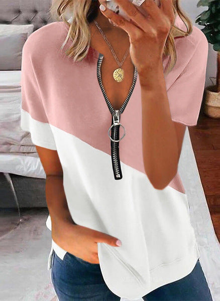 Contrast Print V-Neck Zipper Short Sleeves