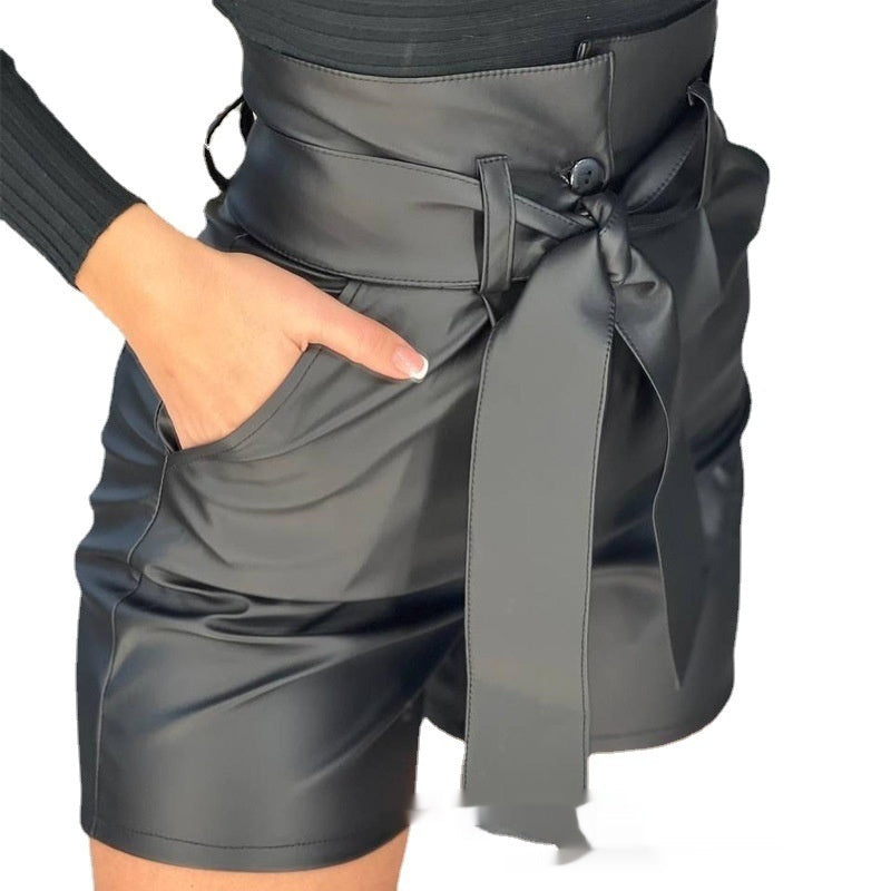 High Waist Black Strap Slim Fit Pu Shorts Belted