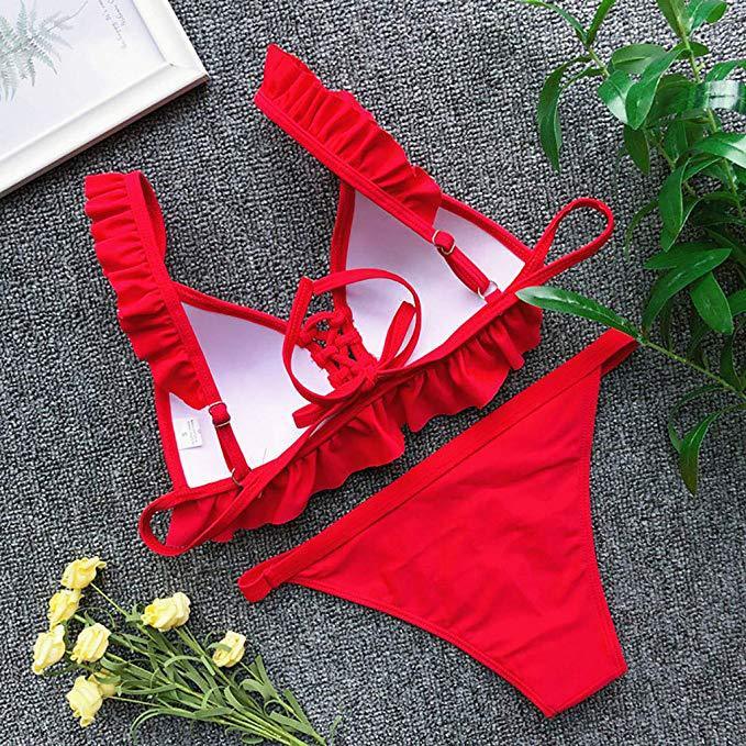 Fold Lace Comfortable Sexy Solid Color Split Swimsuit