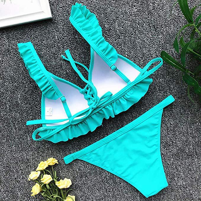 Fold Lace Comfortable Sexy Solid Color Split Swimsuit