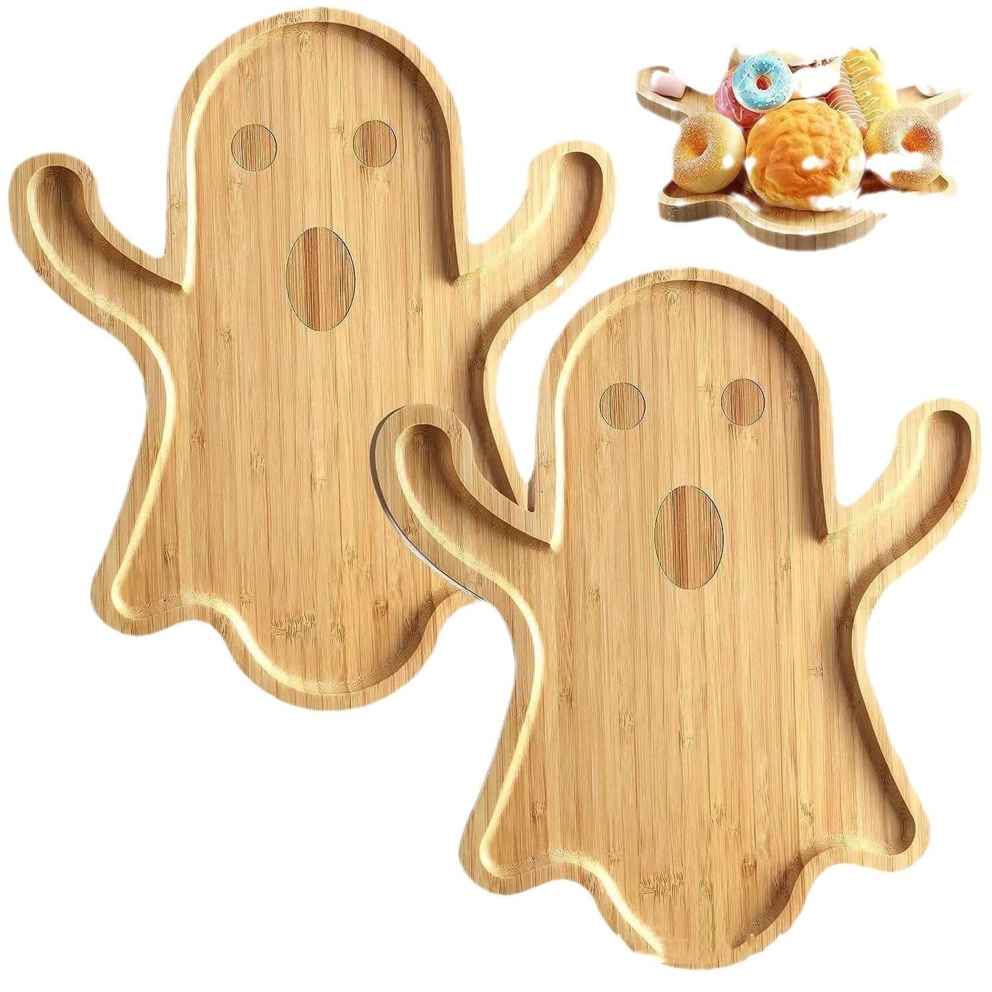 Halloween Ghost Wood Pan Plates Fruit Dishes Decorative Tray Dishes Funny Bamboo Wood Cheese Platter Tray For Candy Cookie Kitchen Gadgets